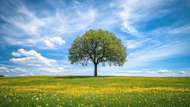 Solitary tree in a vibrant meadow under a vast blue sky - Powered by Adobe