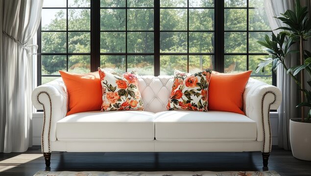 White sofa with floral pillows by a large window