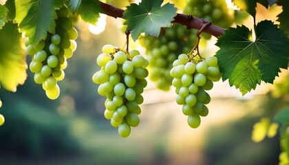 close up of green grapes vitis vinifera hanging on its tree branch hanging grapes