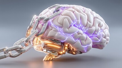 Digital Illustration of a Brain Connected to Chains with Electric Sparks and Neon Glow