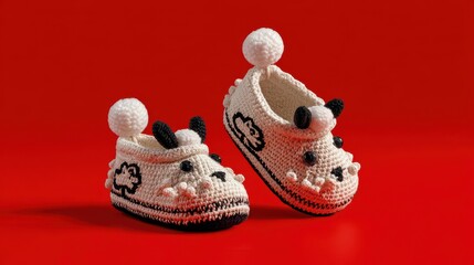 Stunning photo of pair of adorable baby shoes featuring a crocheted playful foal pattern against a clean solid-color background. The uppers showcase black outlined edges.