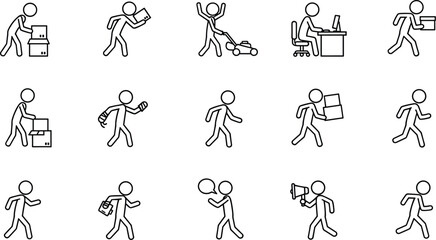 Stick figure icons showing various work activities, communication, teamwork, delivery, business tasks, office work, moving boxes, running, speaking, with bold lines and minimal design