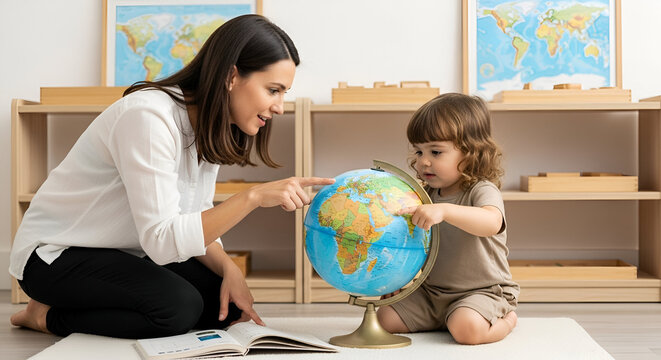 Girl Exploring World Geography with Globe and Teacher in Naturally Lit Montessori Classroom