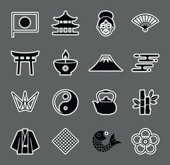 Japanese cultural icons set vector silhouette collection flag temple