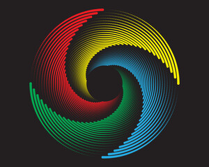Colorful Abstract Circular Halftone Spiral Design with Gradient Dots on Black Background – Modern Geometric Art for Digital Prints, Wallpapers, Posters, and UI Design

