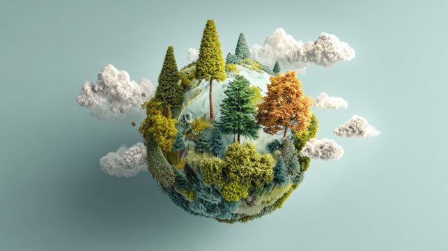 Tiny world floats lush trees and fluffy clouds on a fuzzy green sphere - Powered by Adobe