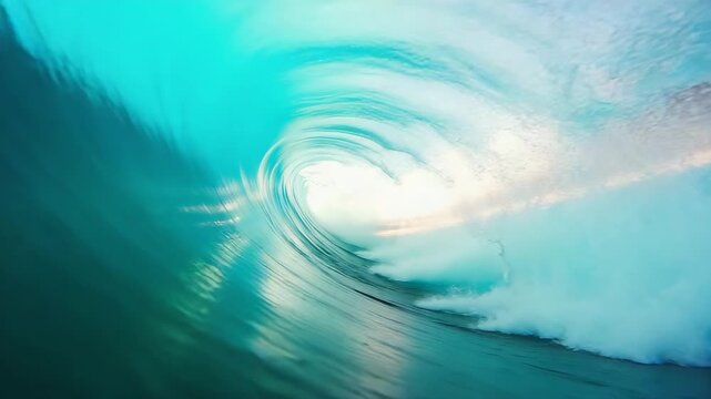 A mesmerizing view from inside a large turquoise ocean wave, forming a perfect, sunlit barrel.