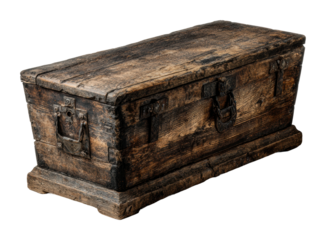 Ancient wooden chest treasure hunt rustic cabin decorative furniture cozy environment perspective isolated on transparent background