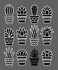 Potted succulent plants collection black silhouette vector set symbol