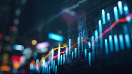 Abstract digital financial data visualization with upward trend and bokeh lights