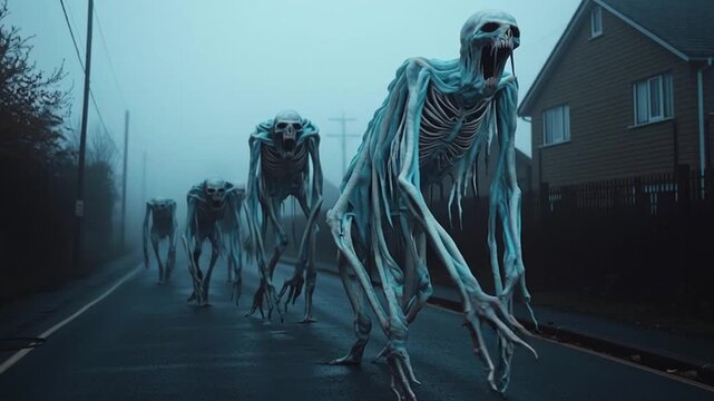 Skeleton-Like Ghouls Walking in the Fog on Suburban Street