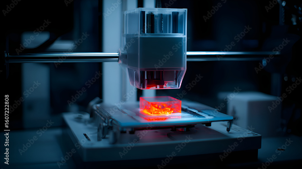 Poster 3d printer creating resin prototype in laboratory setting