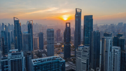 Golden sunset bathes futuristic skyscrapers and urban skyline in warm light, capturing the serene beauty of modern city architecture.