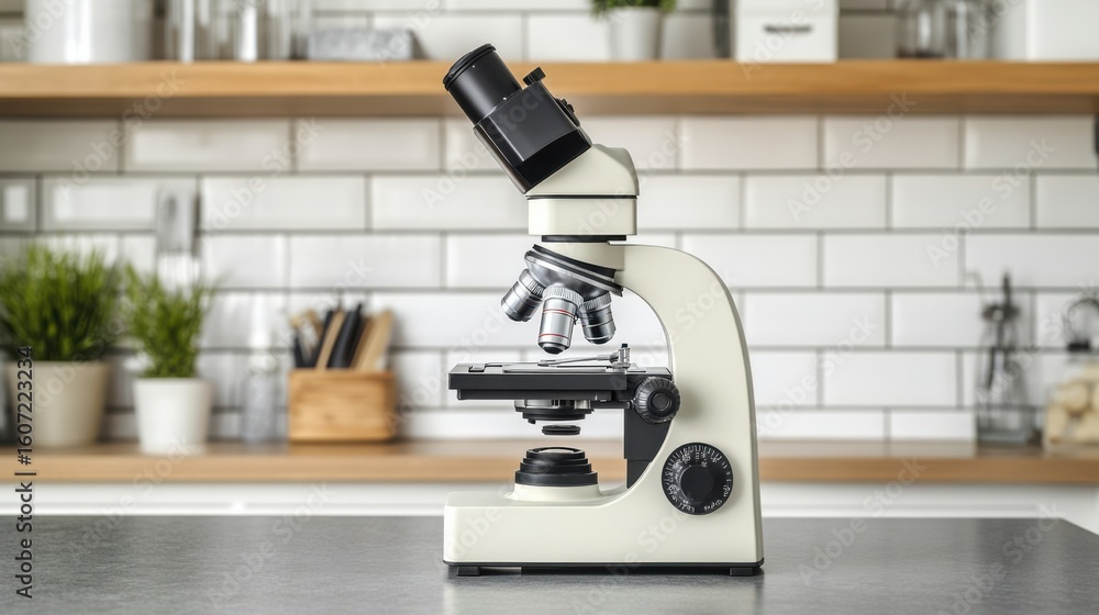 Poster laboratory microscope on a modern kitchen countertop with greenery and organized workspace in the ba