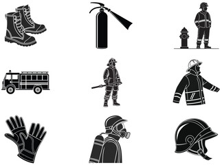 Obraz premium Firefighting Tools and Gear Silhouettes Collection