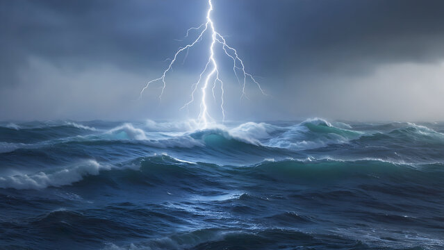 Dramatic ocean storm scene capturing powerful lightning bolts striking through dark stormy clouds above turbulent waves and choppy seas during severe weather conditions.