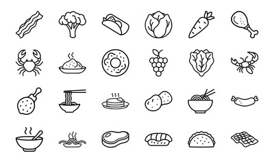 Line Art Food Icon Bundle – Bacon, Broccoli, Tacos, Cabbage, Carrot, Drumstick, Seafood, Fruits, Asian Noodles, Pancakes, Donuts, Lettuce, and Snack Outline Collection

