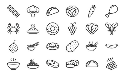 Line Art Food Icon Bundle – Bacon, Broccoli, Tacos, Cabbage, Carrot, Drumstick, Seafood, Fruits, Asian Noodles, Pancakes, Donuts, Lettuce, and Snack Outline Collection

