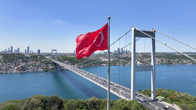 Turkish Flag and Fatih Sultan Mehmet Bridge Drone Video, Otagtepe Kavacik, Beykoz Istanbul, Turkiye (Turkey)