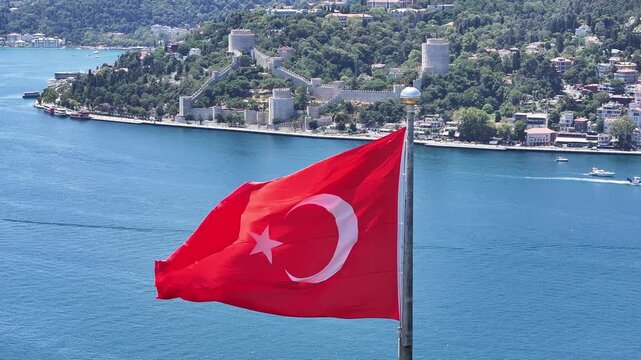 Turkish Flag and Fatih Sultan Mehmet Bridge Drone Video, Otagtepe Kavacik, Beykoz Istanbul, Turkiye (Turkey)