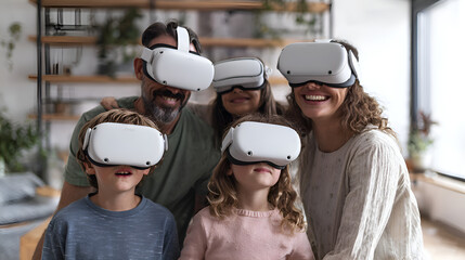 Happy family wearing virtual reality headsets playing games at home