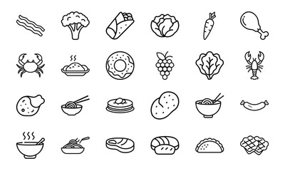 Line Art Food Icon Bundle – Bacon, Broccoli, Tacos, Cabbage, Carrot, Drumstick, Seafood, Fruits, Asian Noodles, Pancakes, Donuts, Lettuce, and Snack Outline Collection

