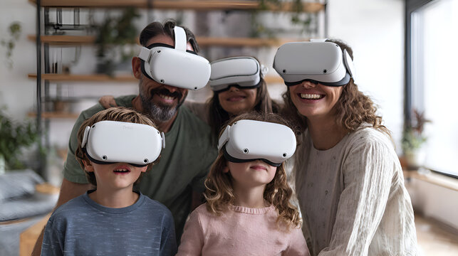 Happy family wearing virtual reality headsets playing games at home