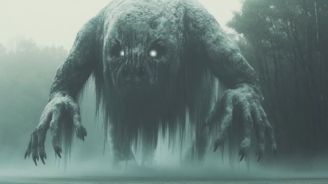 Terrifying Swamp Monster with Glowing Eyes in Foggy Forest