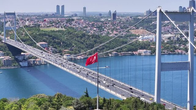 Turkish Flag and Fatih Sultan Mehmet Bridge Drone Video, Otagtepe Kavacik, Beykoz Istanbul, Turkiye (Turkey)
