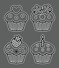 Stylized cupcakes with heart strawberry flowers candle vector