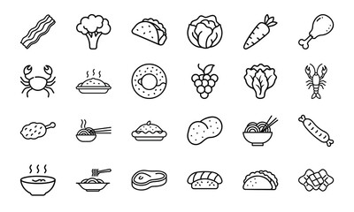 Line Art Food Icon Bundle – Bacon, Broccoli, Tacos, Cabbage, Carrot, Drumstick, Seafood, Fruits, Asian Noodles, Pancakes, Donuts, Lettuce, and Snack Outline Collection

