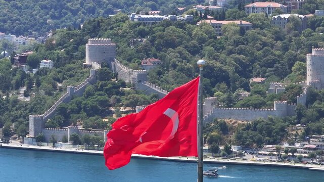 Turkish Flag in the Fatih Sultan Mehmet Bridge Drone Video, Otagtepe Kavacik, Beykoz Istanbul, Turkiye (Turkey)