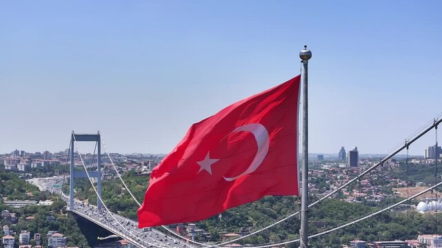 Turkish Flag in the Fatih Sultan Mehmet Bridge Drone Video, Otagtepe Kavacik, Beykoz Istanbul, Turkiye (Turkey)