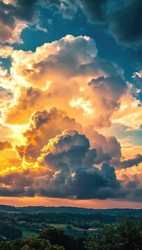 Dramatic sunset clouds over rolling hills