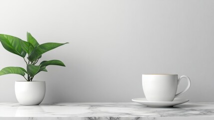 Bright and Minimalist Table Setup with Coffee Cup and Green Plant Against a Soft Gray Background