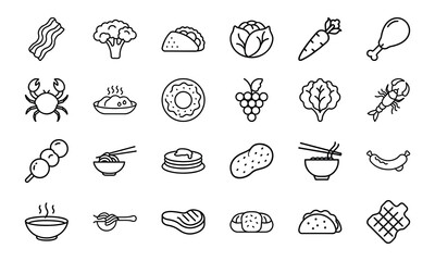 Line Art Food Icon Bundle – Bacon, Broccoli, Tacos, Cabbage, Carrot, Drumstick, Seafood, Fruits, Asian Noodles, Pancakes, Donuts, Lettuce, and Snack Outline Collection

