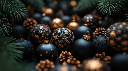 Merry Christmas, Happy New Year. Christmas balls, golden snowflakes. Flat lay, copy space, dark gold