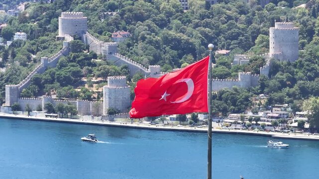 Turkish Flag in the Fatih Sultan Mehmet Bridge Drone Video, Otagtepe Kavacik, Beykoz Istanbul, Turkiye (Turkey)