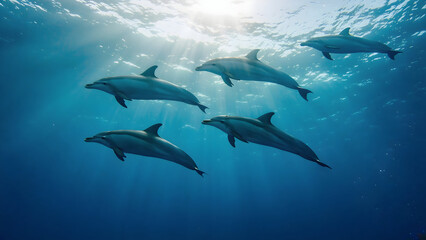 Obraz premium Aerial view captures synchronized dolphin pod gliding through crystal-clear turquoise waters, highlighting harmony in vibrant tropical marine wildlife environment.
