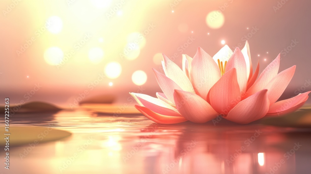 Aufkleber serene pink lotus blossom floating on calm water with soft glowing light and gentle bokeh background