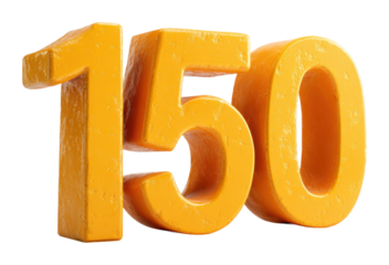 Bold yellow number 150 displayed on creative concept environment isolated on transparent background