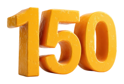 Bold yellow number 150 displayed on creative concept environment isolated on transparent background