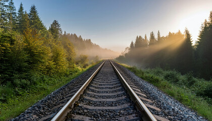 Fototapeta premium Railway track stretching through a lush green forest at sunrise, with mist and sun rays creating a peaceful and scenic landscape. Ideal for travel themes.