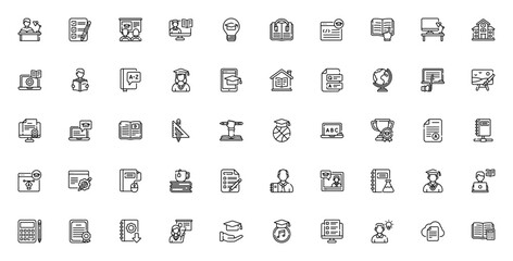 Learning icon set. Minimal vector illustration. Education symbols pack. Includes study, elearning, teacher, student, books, exam, tutorial, certificate and more. Editable stroke design.