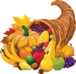 Cornucopia overflowing with autumn harvest fruits and vegetables for Thanksgiving celebration