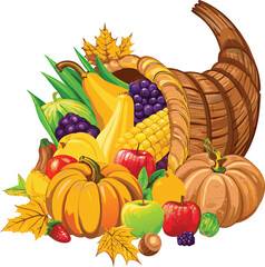 Cornucopia filled with autumn harvest fruits and vegetables for Thanksgiving Day