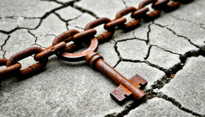 A close-up of a rusty chain and key lying on cracked concrete evokes thoughts of freedom, liberation and time