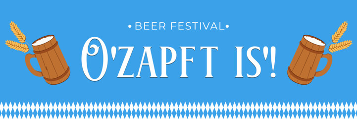 Beer festival poster on blue background with wooden beer mugs.