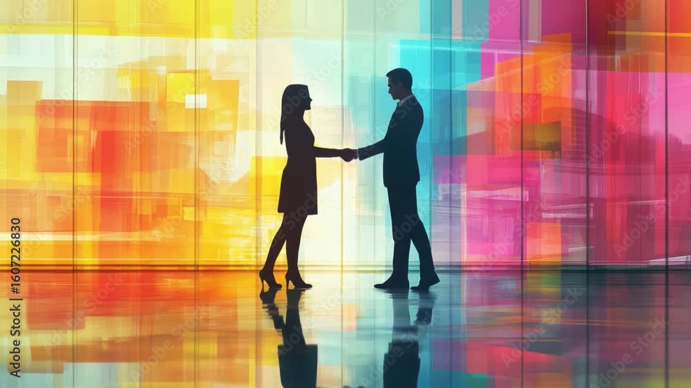Aufkleber silhouette of two business professionals shaking hands in front of colorful abstract background with