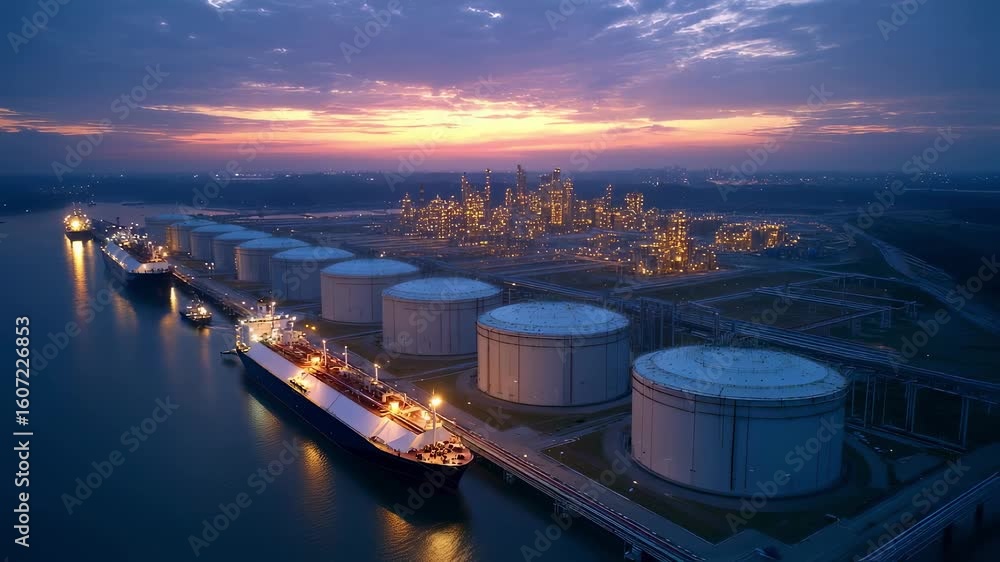 Poster aerial perspective showing a bustling lng terminal with several ships docked and offloading arms in 